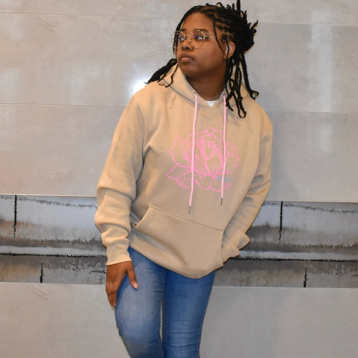 Full view model wearing concrete rose hoodie