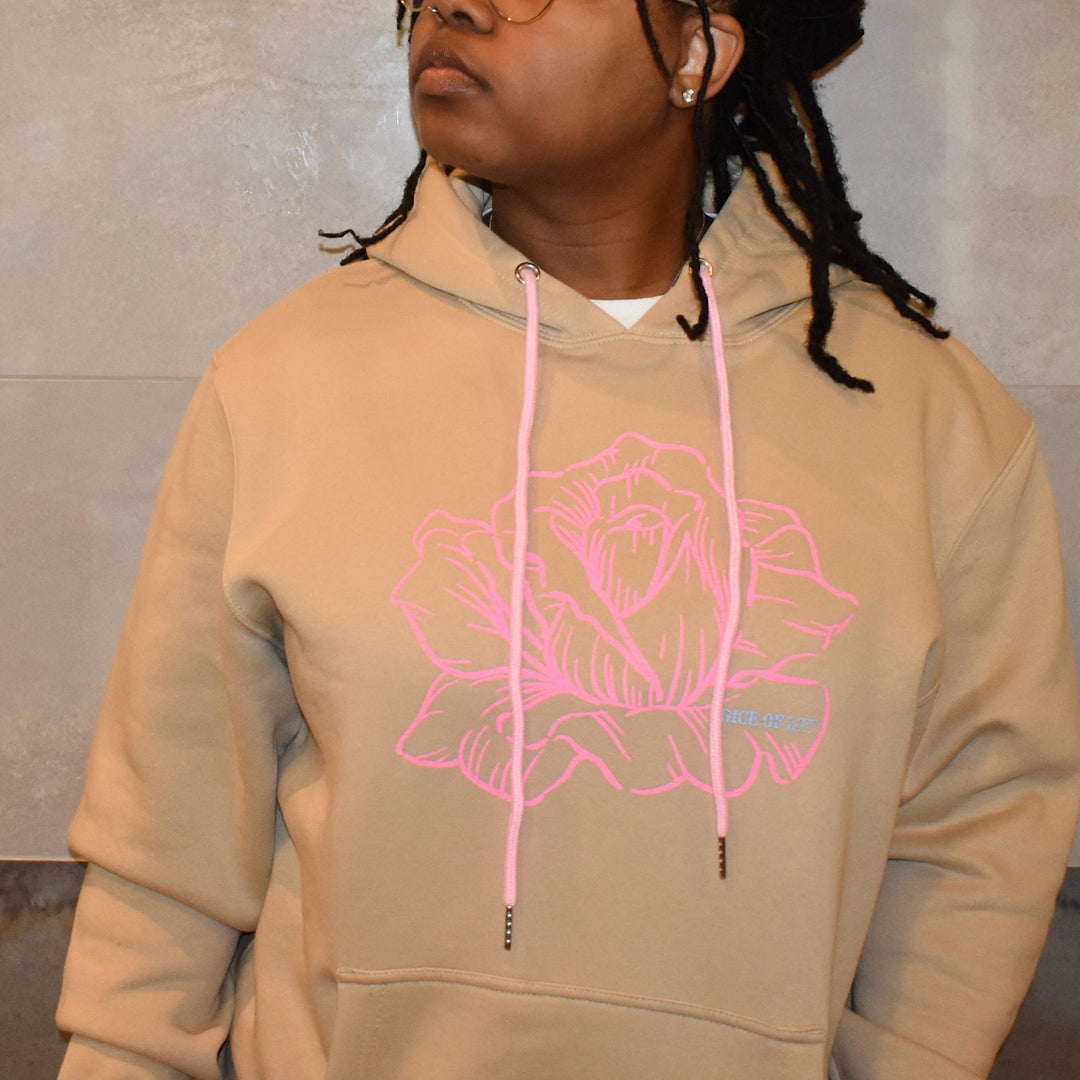 Close up model wearing concrete rose hoodie