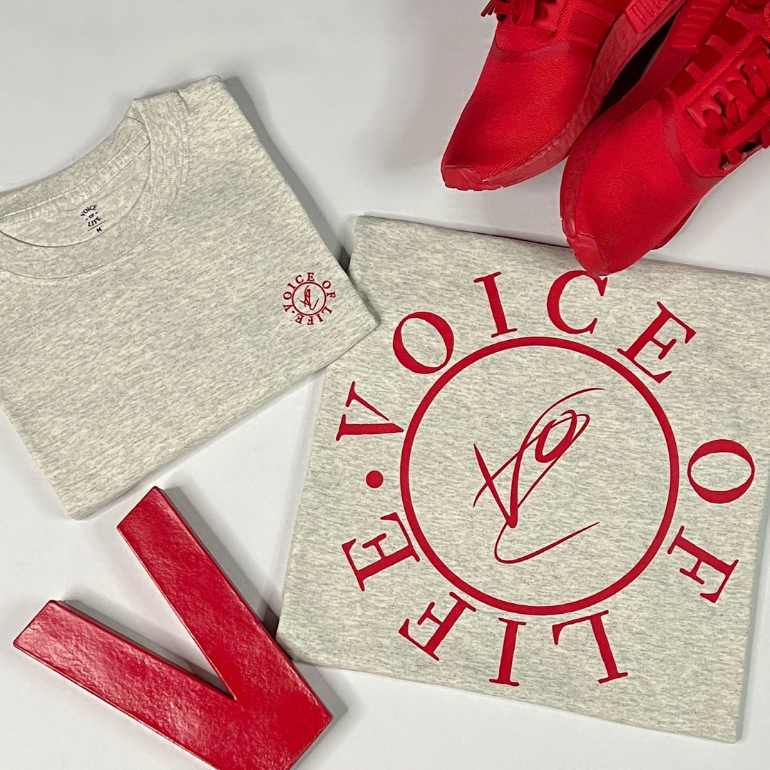 distant circle of life tee with red V and red shoes